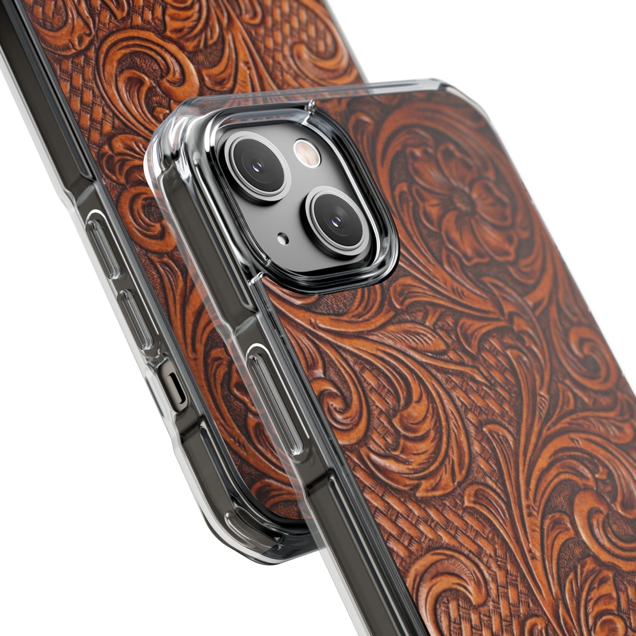 Vintage Tooled Leather Inspired Phone Case | Magnetic Clear Impact Case