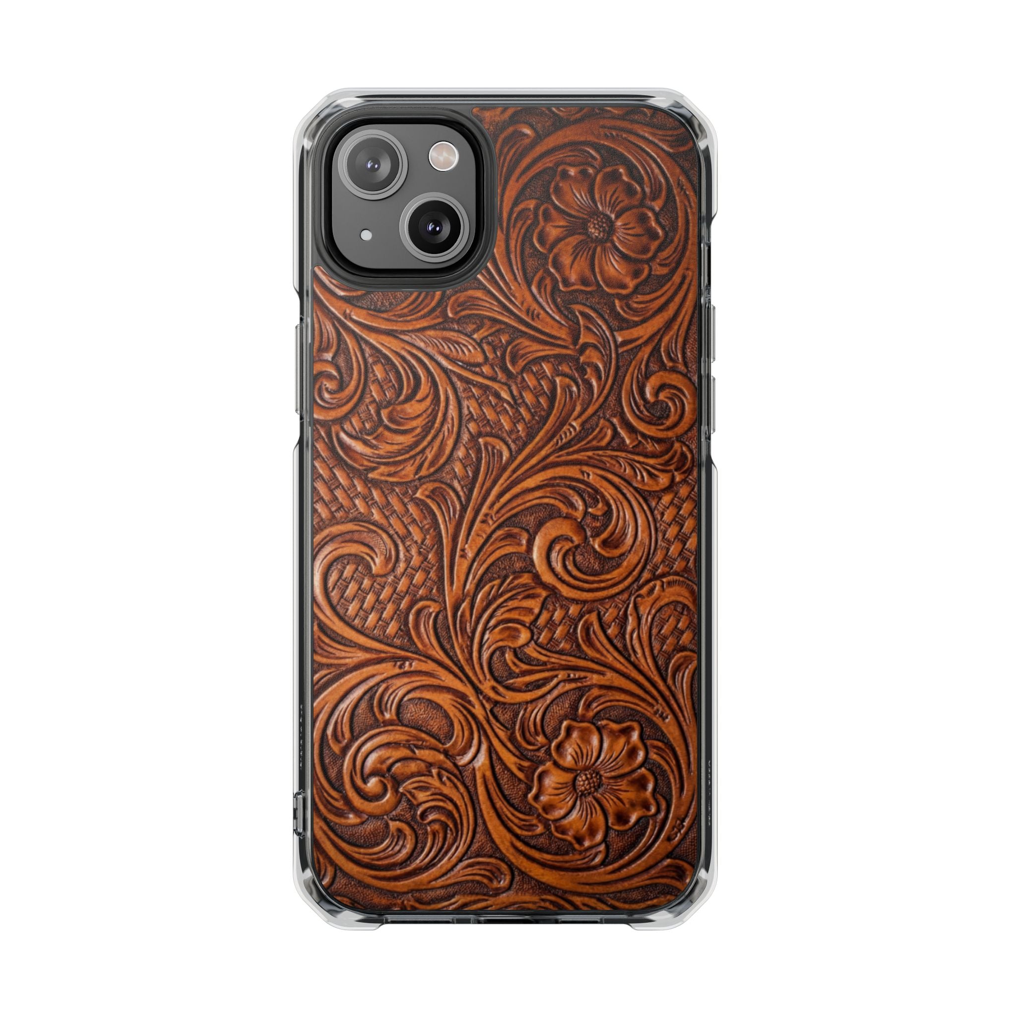 Vintage Tooled Leather Inspired Phone Case | Magnetic Clear Impact Case