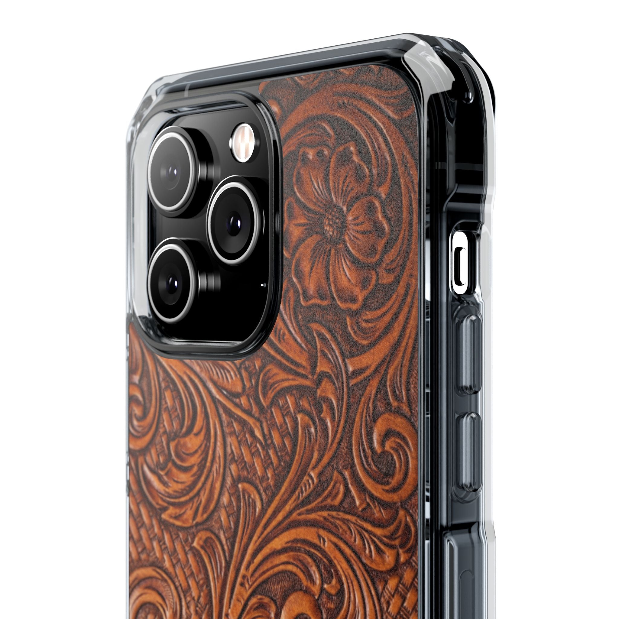 Vintage Tooled Leather Inspired Phone Case | Magnetic Clear Impact Case
