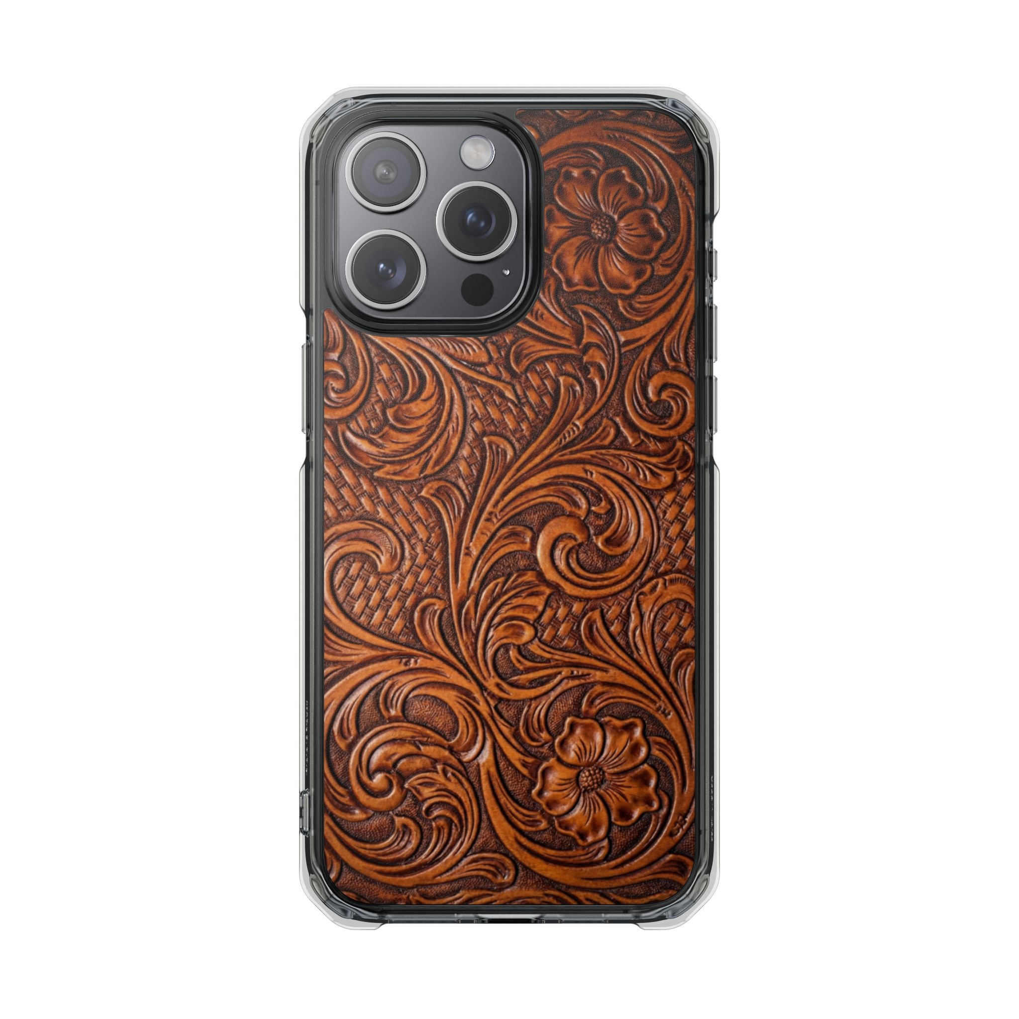 Vintage Tooled Leather Inspired Phone Case | Magnetic Clear Impact Case