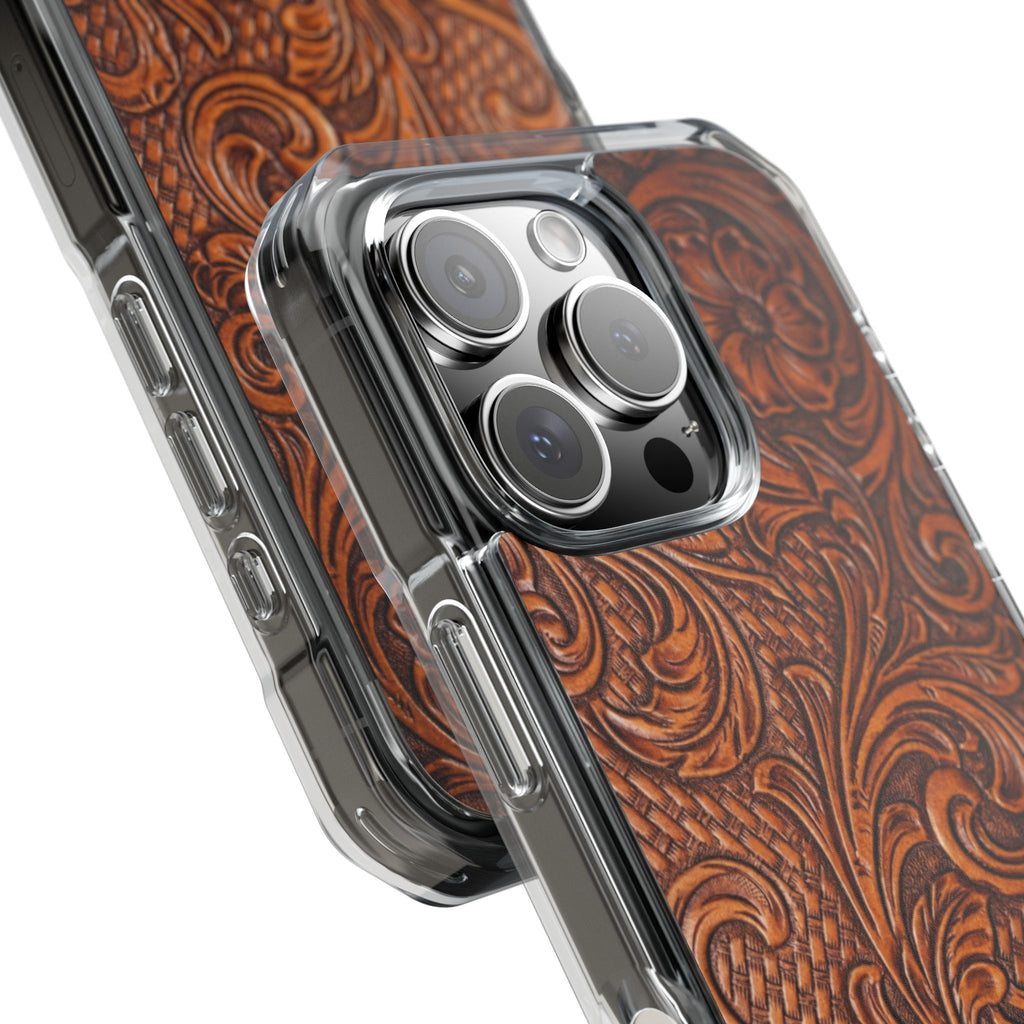 Vintage Tooled Leather Inspired Phone Case | Magnetic Clear Impact Case