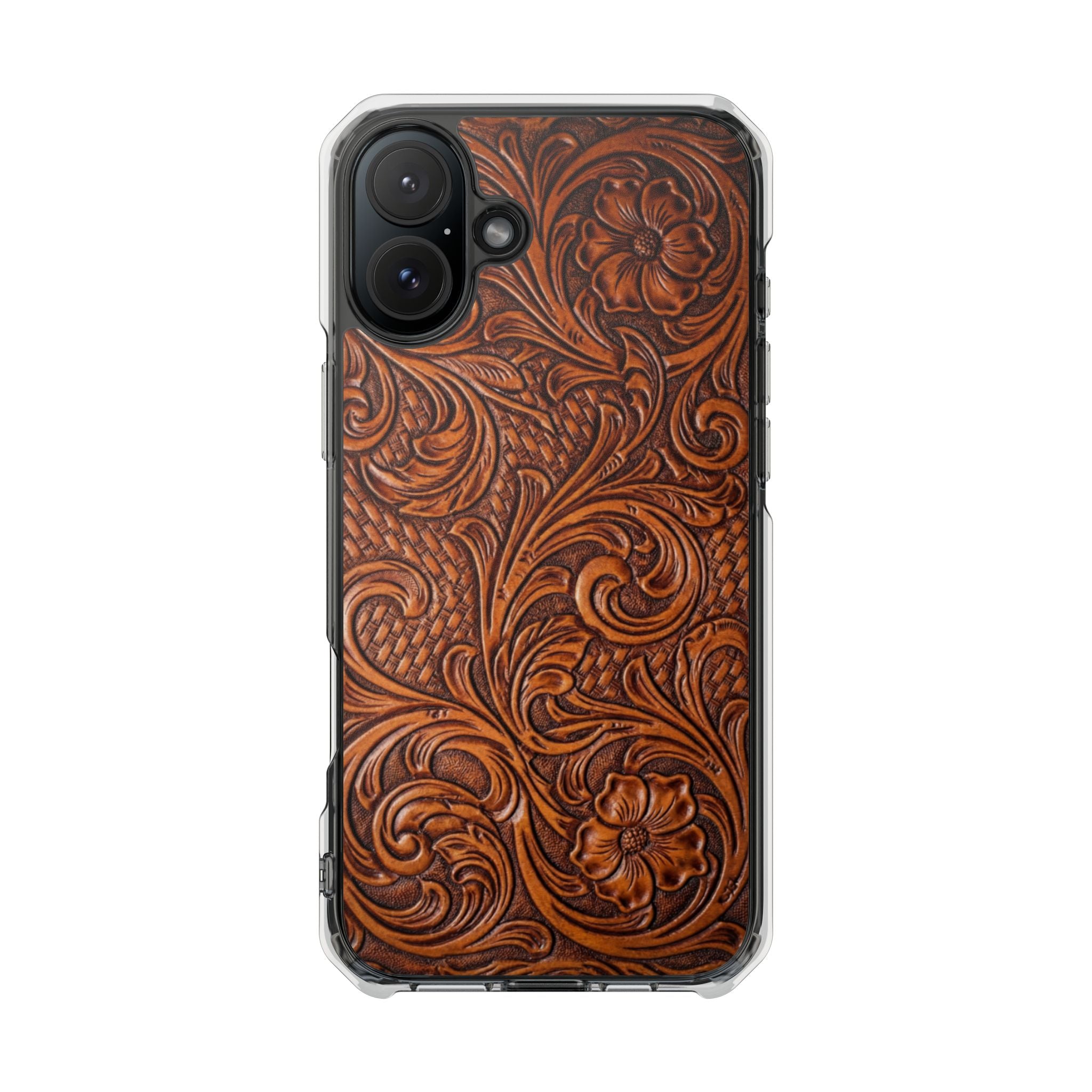 Vintage Tooled Leather Inspired Phone Case | Magnetic Clear Impact Case