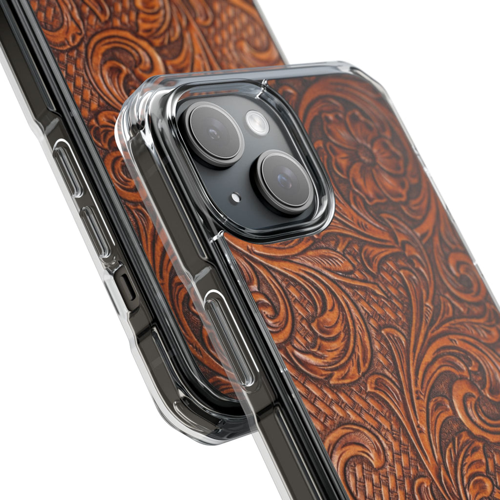 Vintage Tooled Leather Inspired Phone Case | Magnetic Clear Impact Case