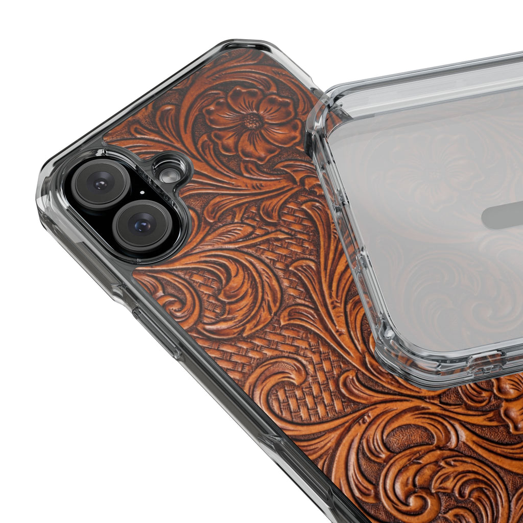 Vintage Tooled Leather Inspired Phone Case | Magnetic Clear Impact Case