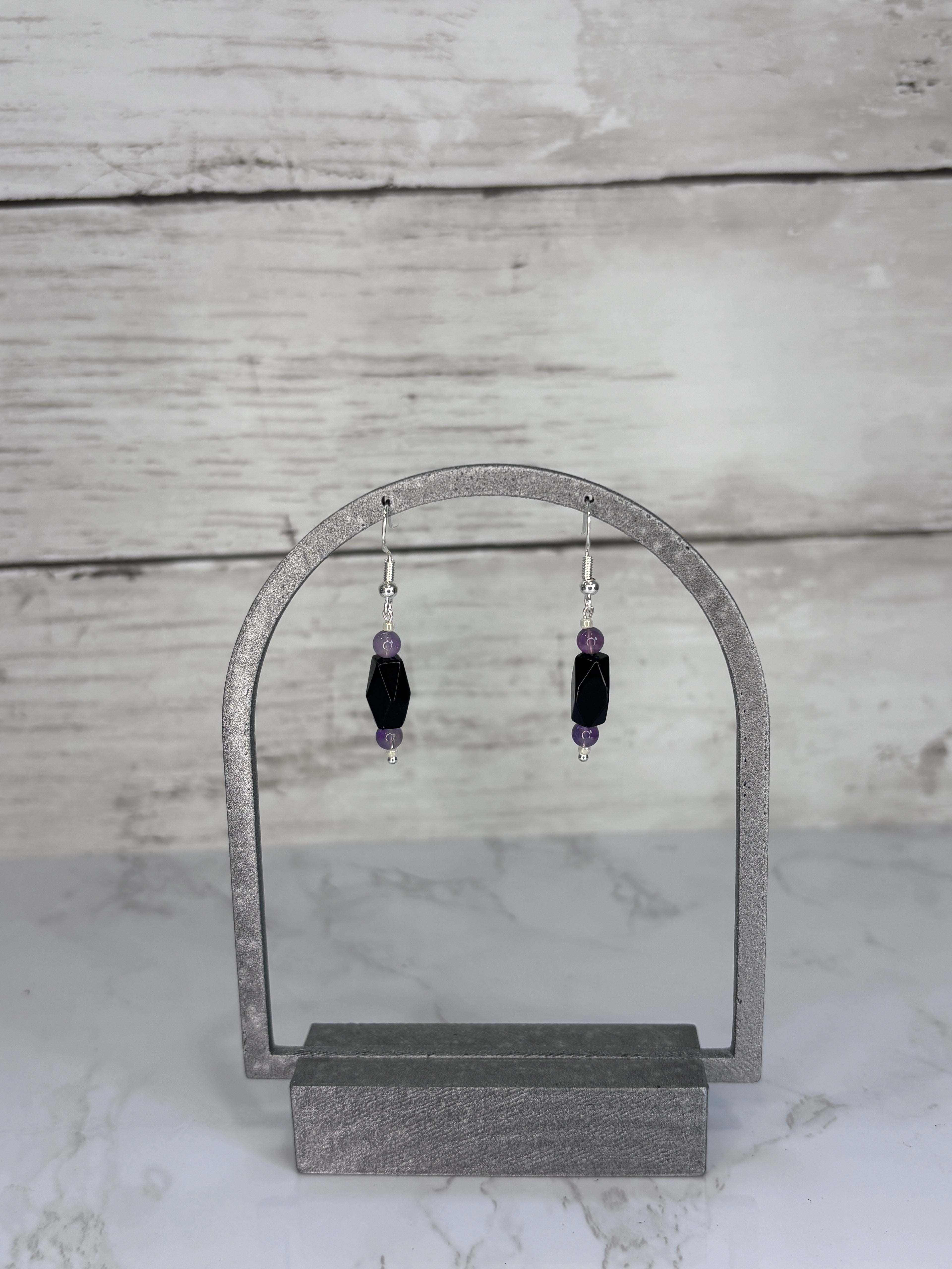 Black Glass Bead Earrings with Purple Accents | Handmade Sterling Silver Dangles