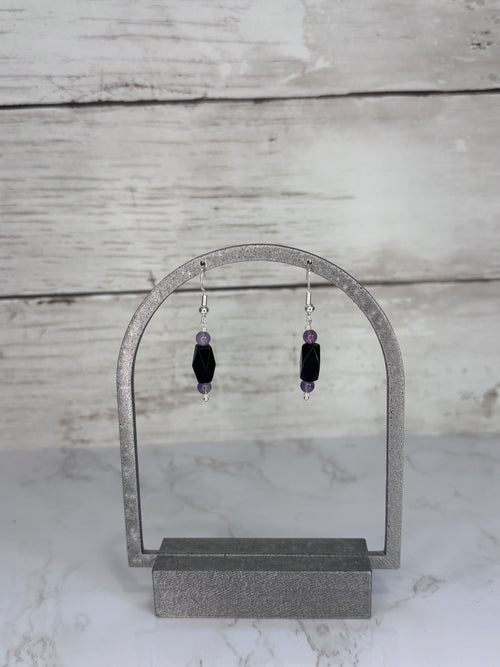 Black Glass Bead Earrings with Purple Accents | Handmade Sterling Silver Dangles