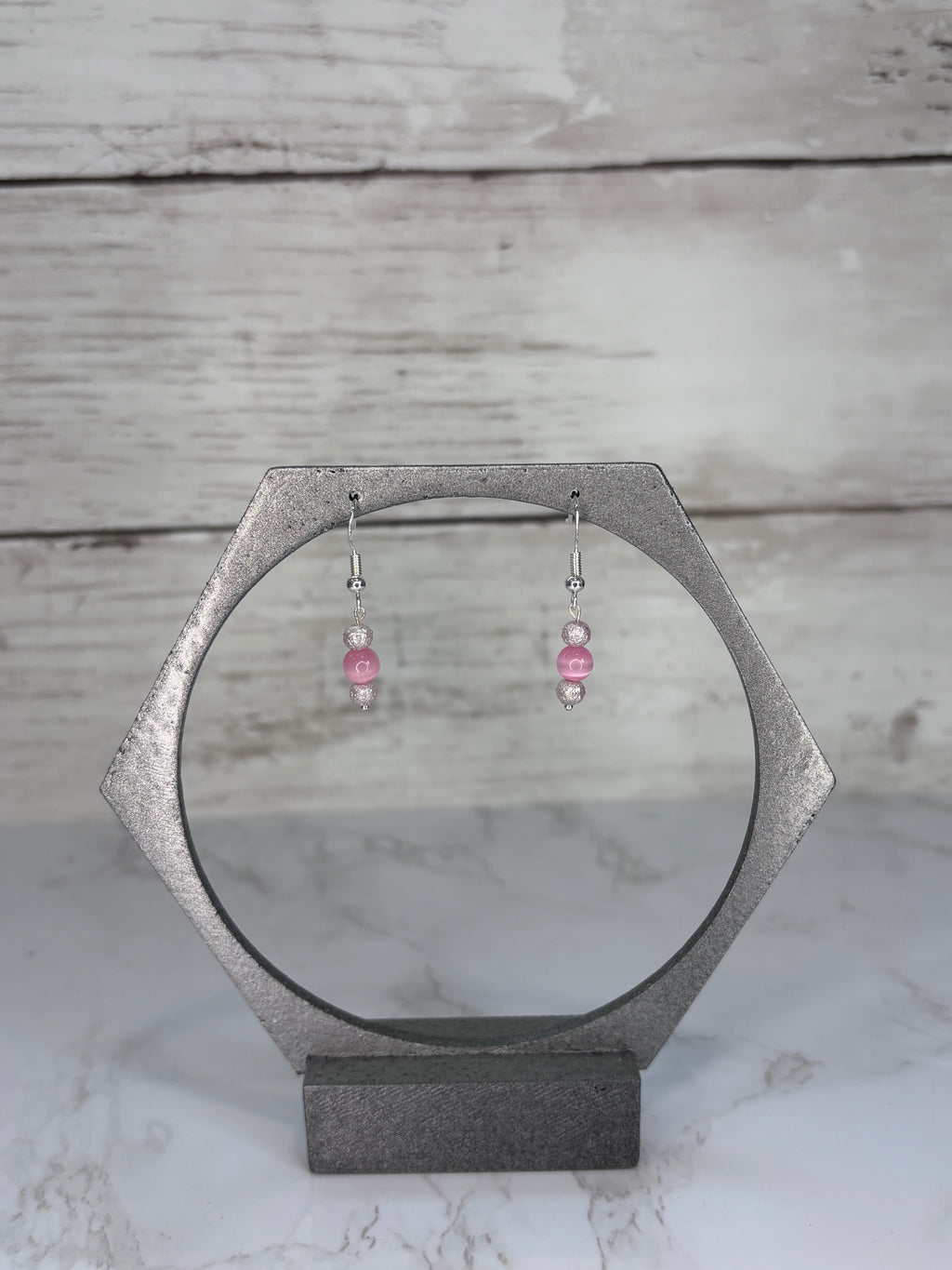 Cat Eye Pink Glass Bead Drop Earrings | Handmade Sterling Silver