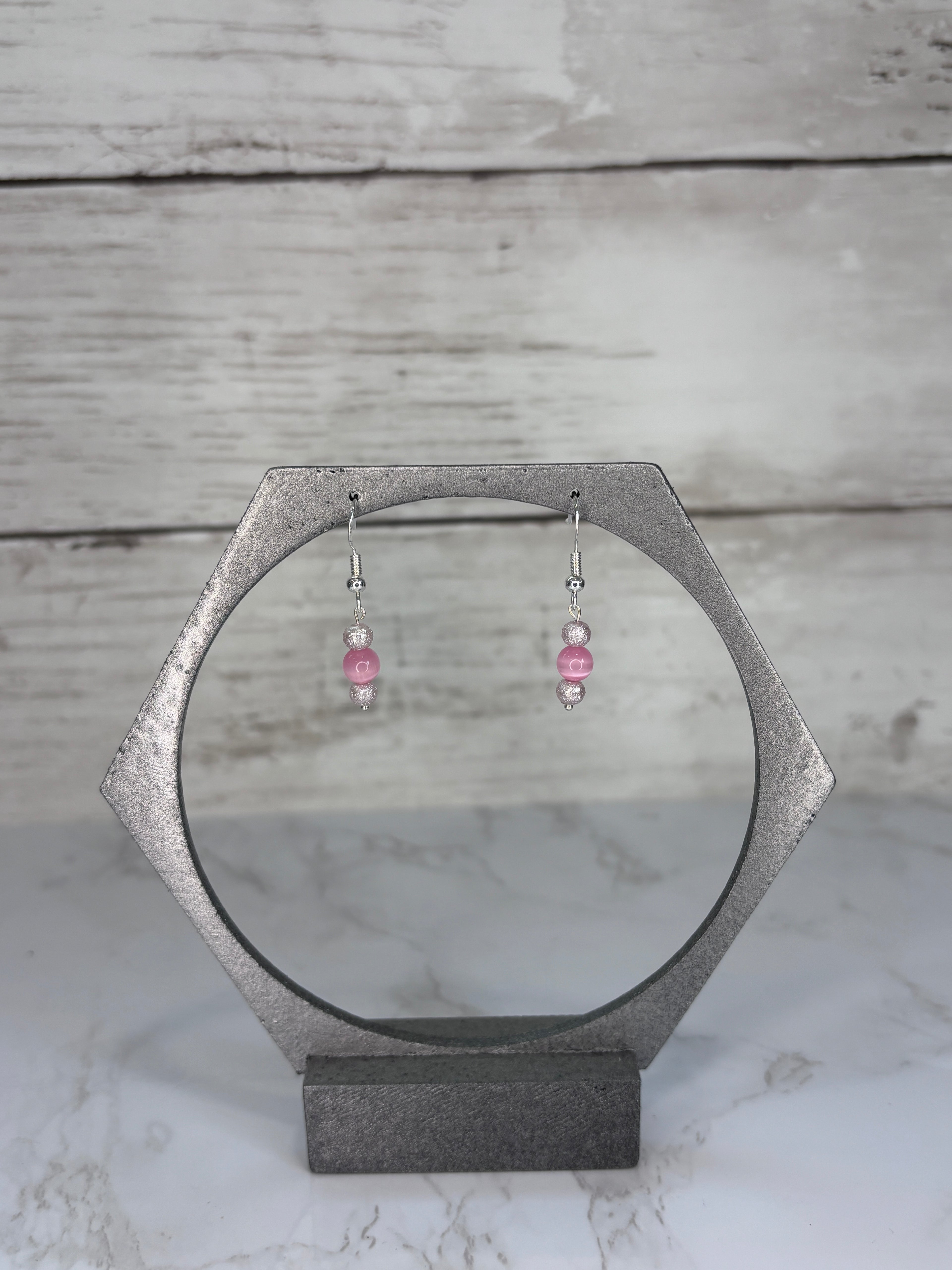 Cat Eye Pink Glass Bead Drop Earrings | Handmade Sterling Silver