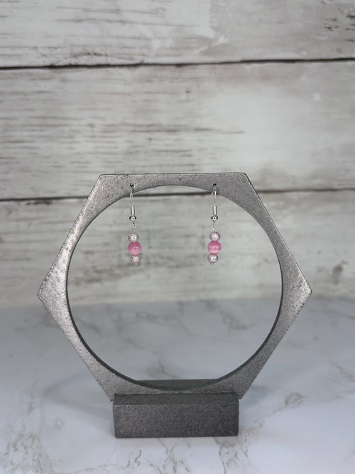 Cat Eye Pink Glass Bead Drop Earrings | Handmade Sterling Silver