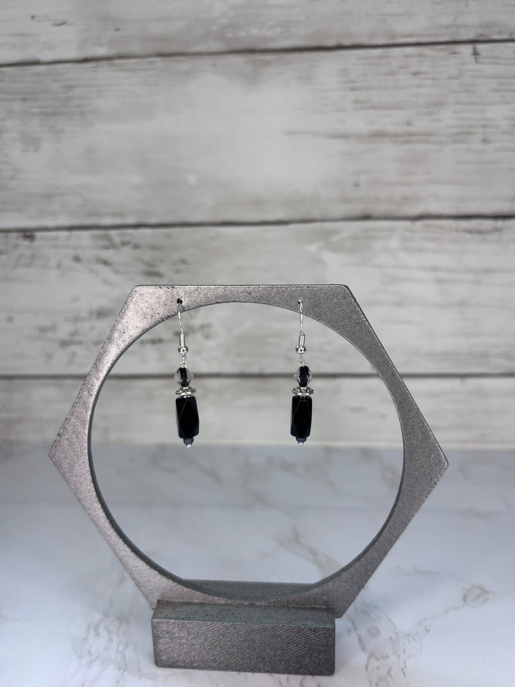 Geometric Black Glass Bead Earrings with Silver Accents | Handmade