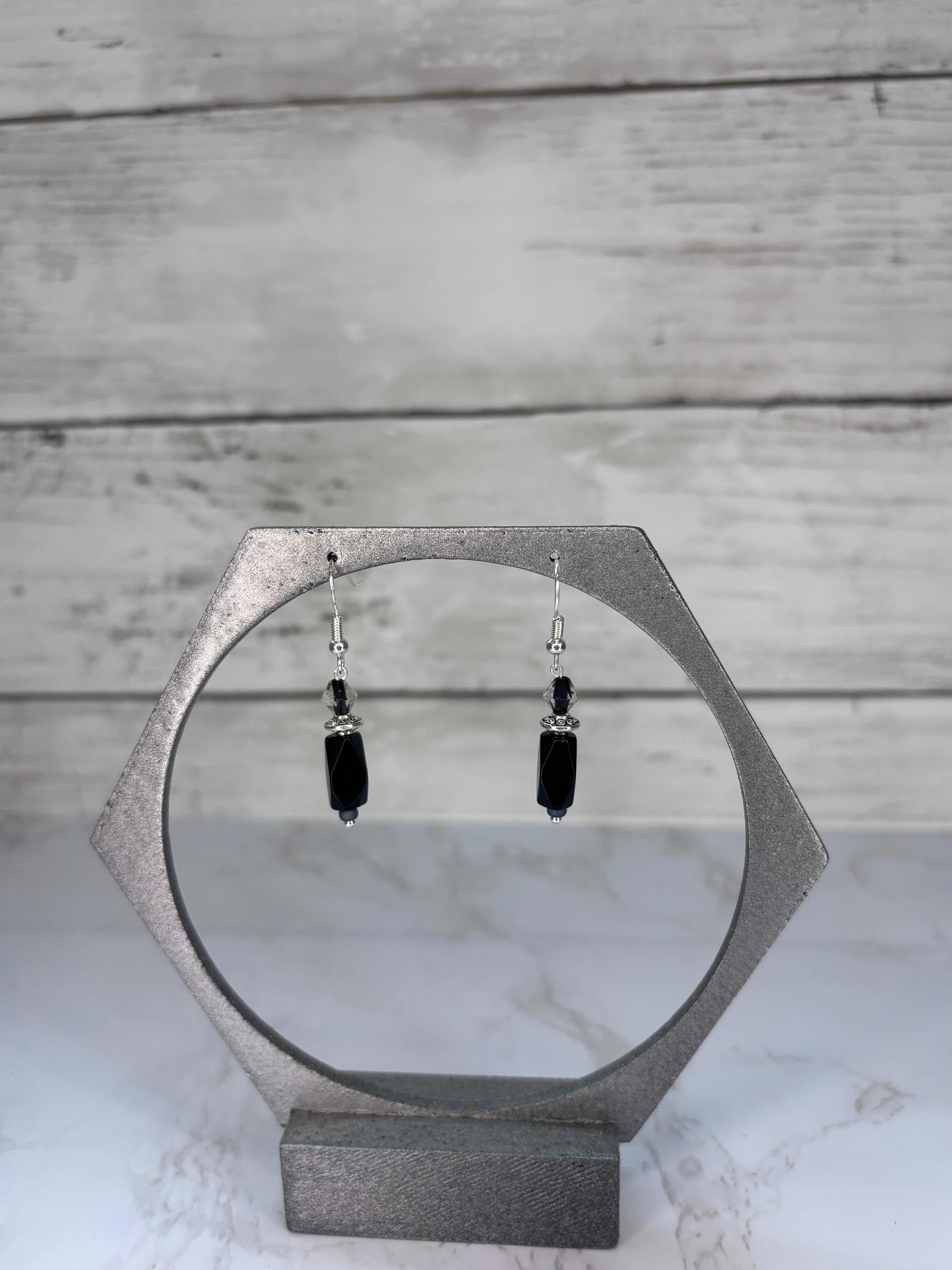 Geometric Black Glass Bead Earrings with Silver Accents | Handmade