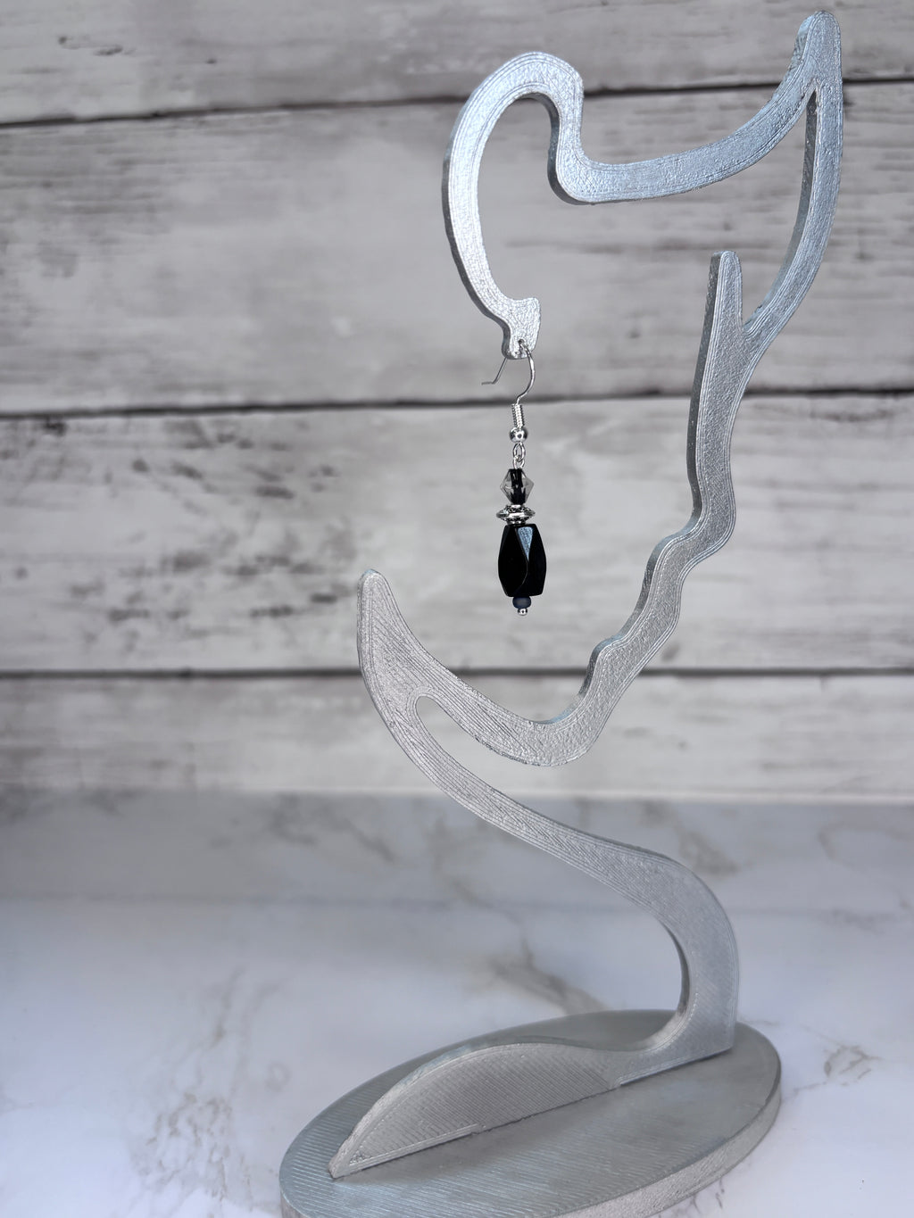 Geometric Black Glass Bead Earrings with Silver Accents | Handmade