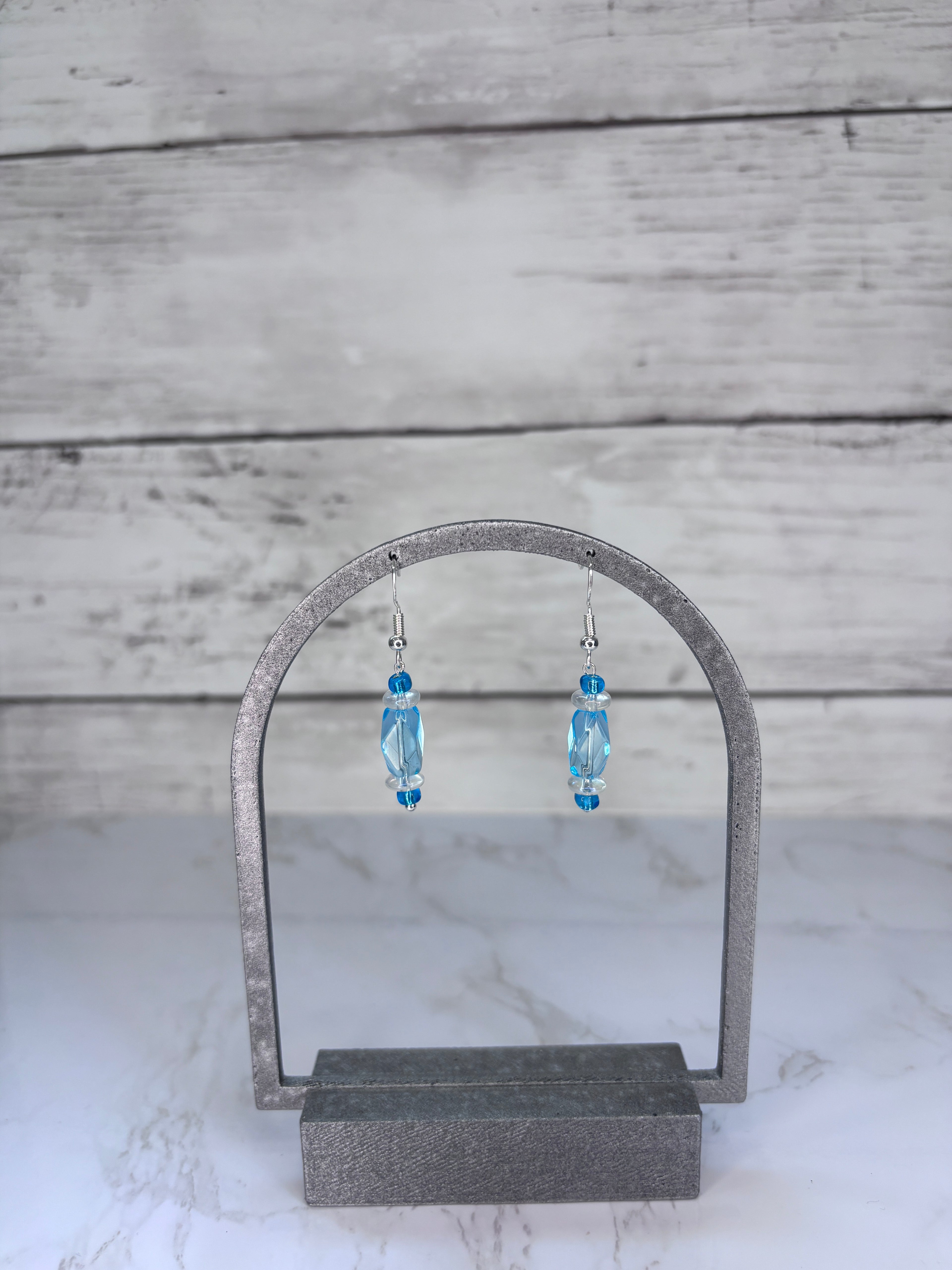 Ocean Blue Elongated Glass Bead Earrings | Handmade Sterling Silver
