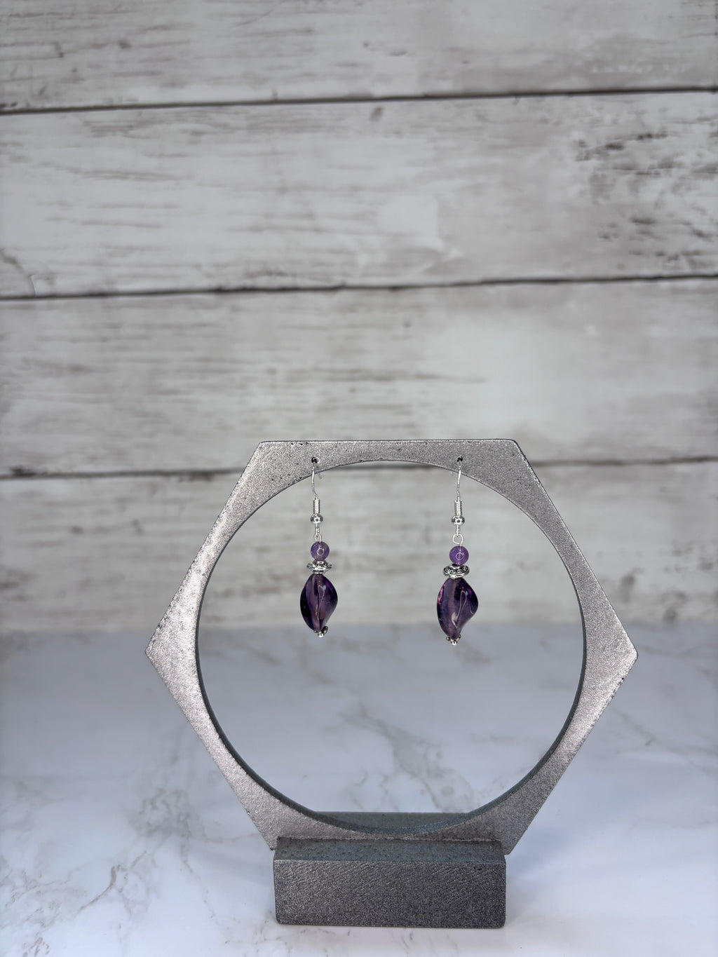 Purple Swirl Glass Bead Earrings with Metallic Accents | Handmade
