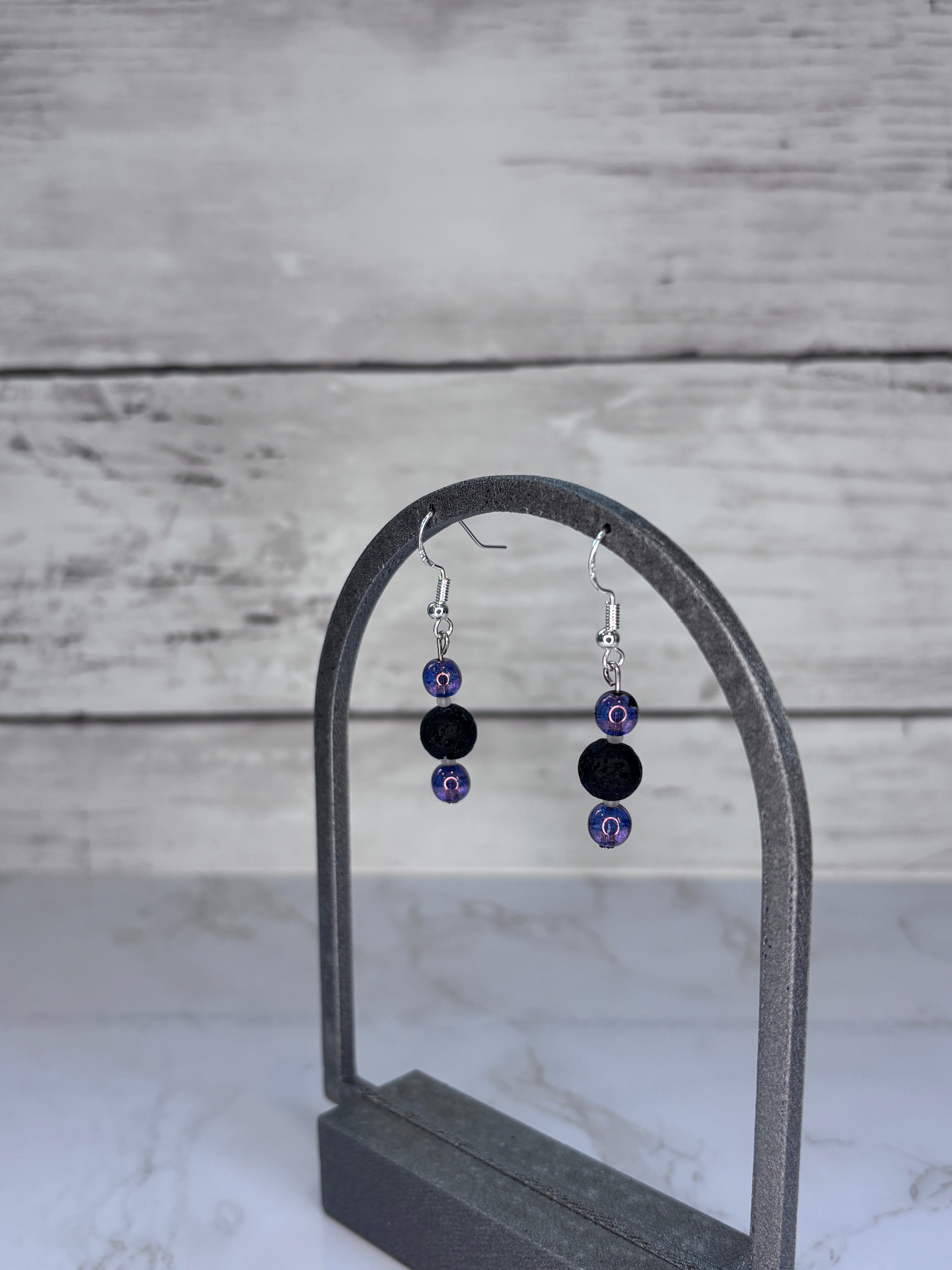 Purple & Black Glass Bead Earrings | Handmade Sterling Silver Dangles