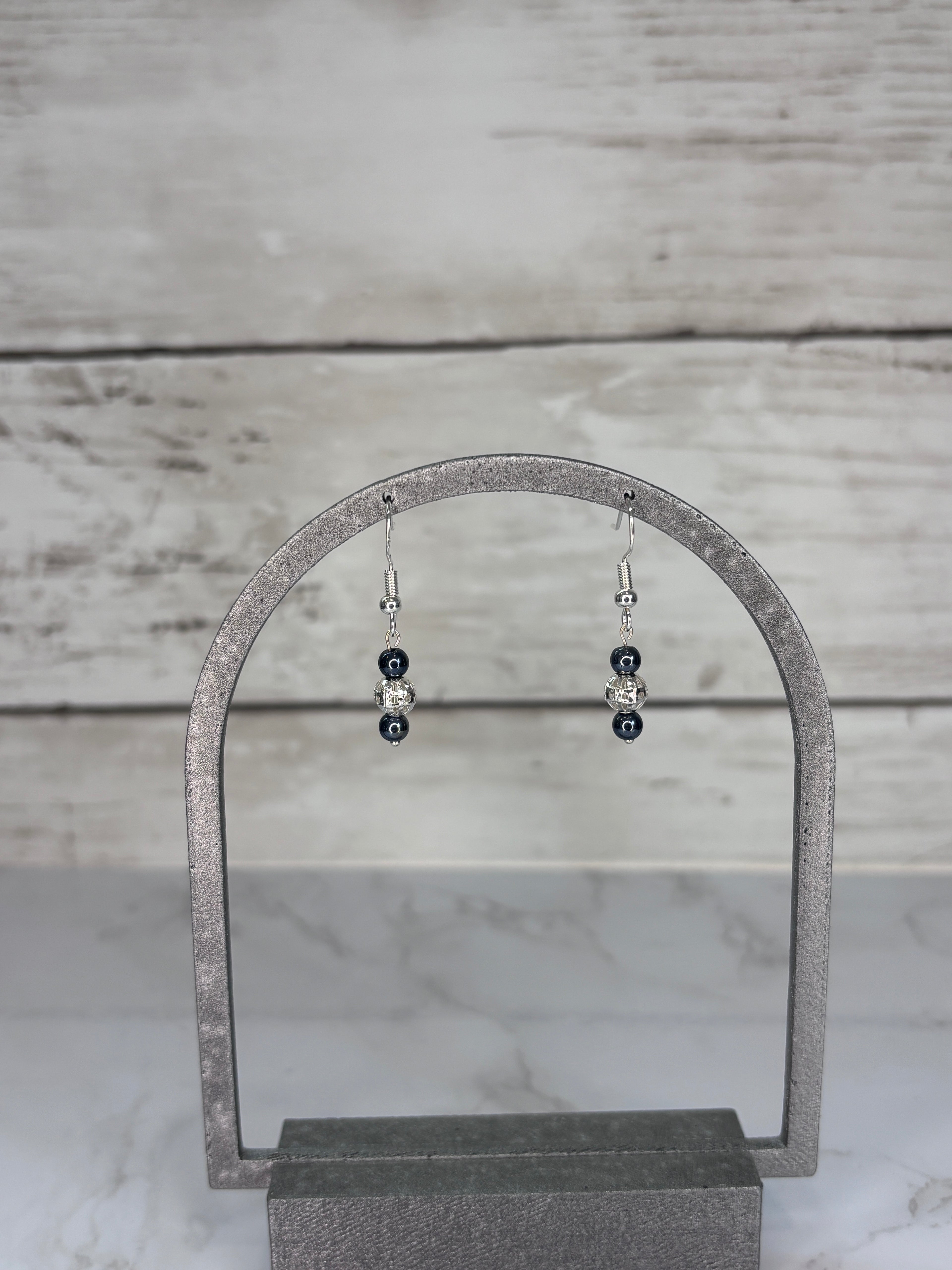 Silver & Charcoal Gray Glass Bead Earrings | Handmade Sterling Silver