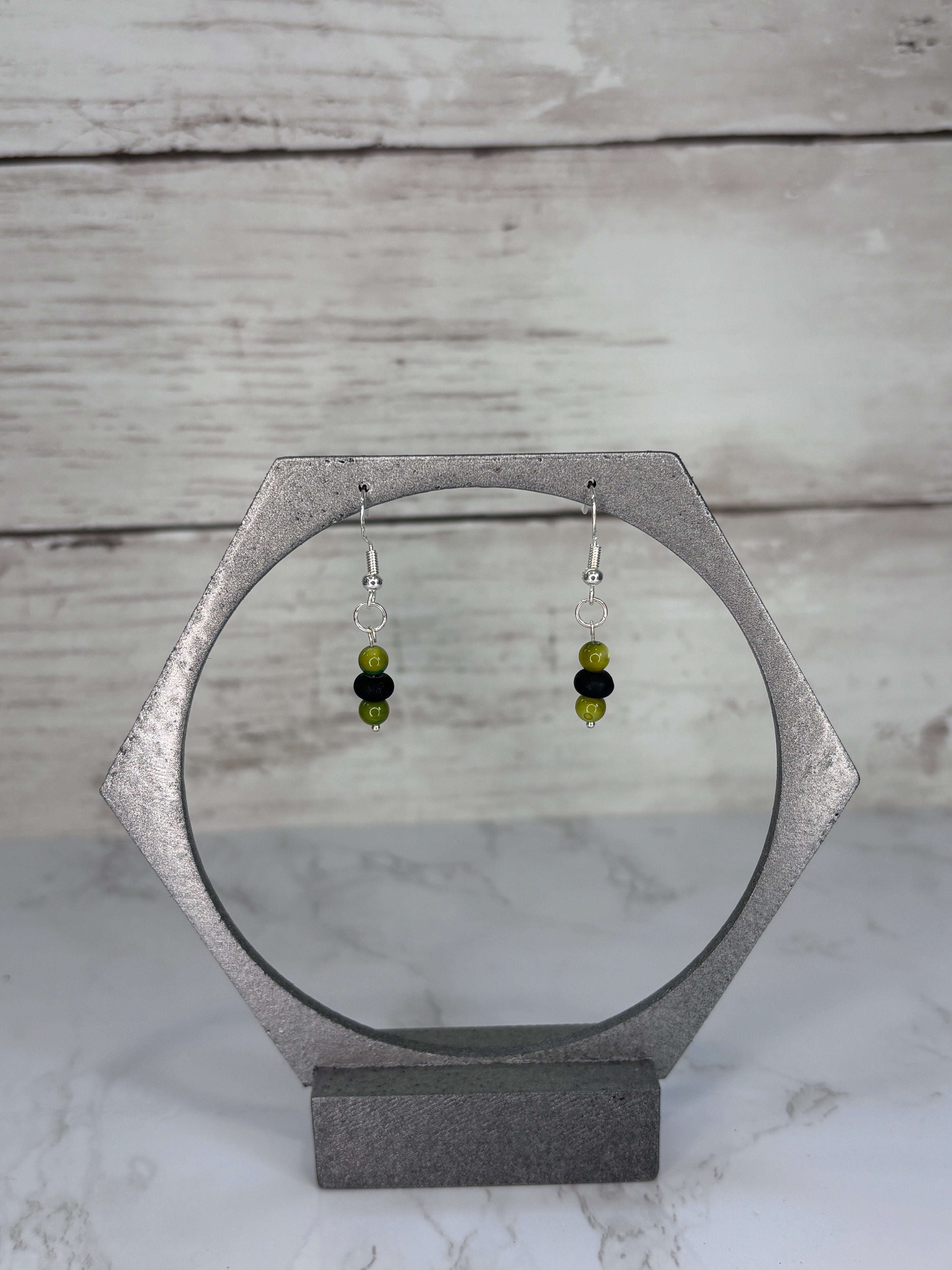 Swirl Green & Black Glass Bead Earrings | Handmade Sterling Silver